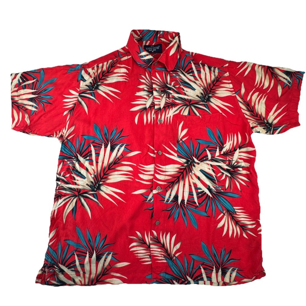 Hardwood Mens Shirt M Red Tropical Palm Leaf Print Cotton Hawaiian Button Up